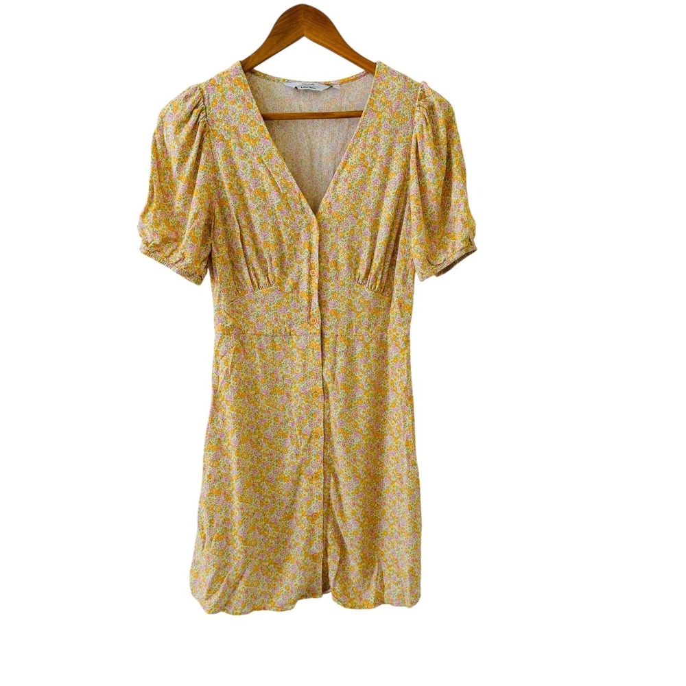 & Other Stories Ditsy Floral Button Front Dress 6 Yellow Puff Sleeve Fit Flare